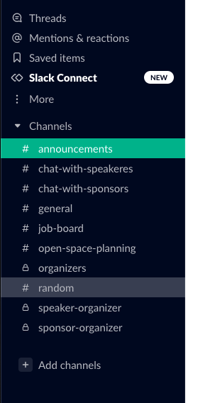 Screenshot of initial channel list in Slack, with general, speakers, etc.