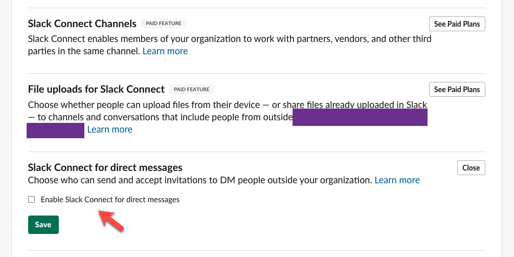 Screenshot of unchecking the Slack Connect for direct messages checkbox in Slack Settings