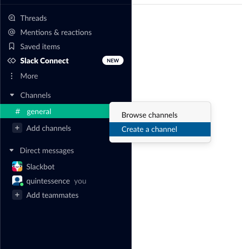 Screenshot of how to create channel in Slack